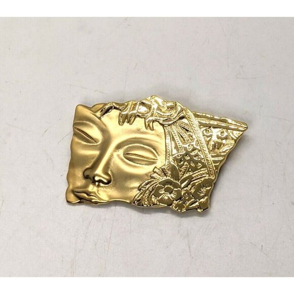 JJ Jonette Brooch Pin Gold Tone Art Deco Floral Asian Face Vintage Signed 2.5" - Picture 2 of 4